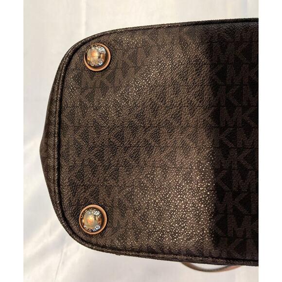 Michael Kors Signature Brown Coated Canvas Jet Set East West Tote Bag Purse - Picture 14 of 15